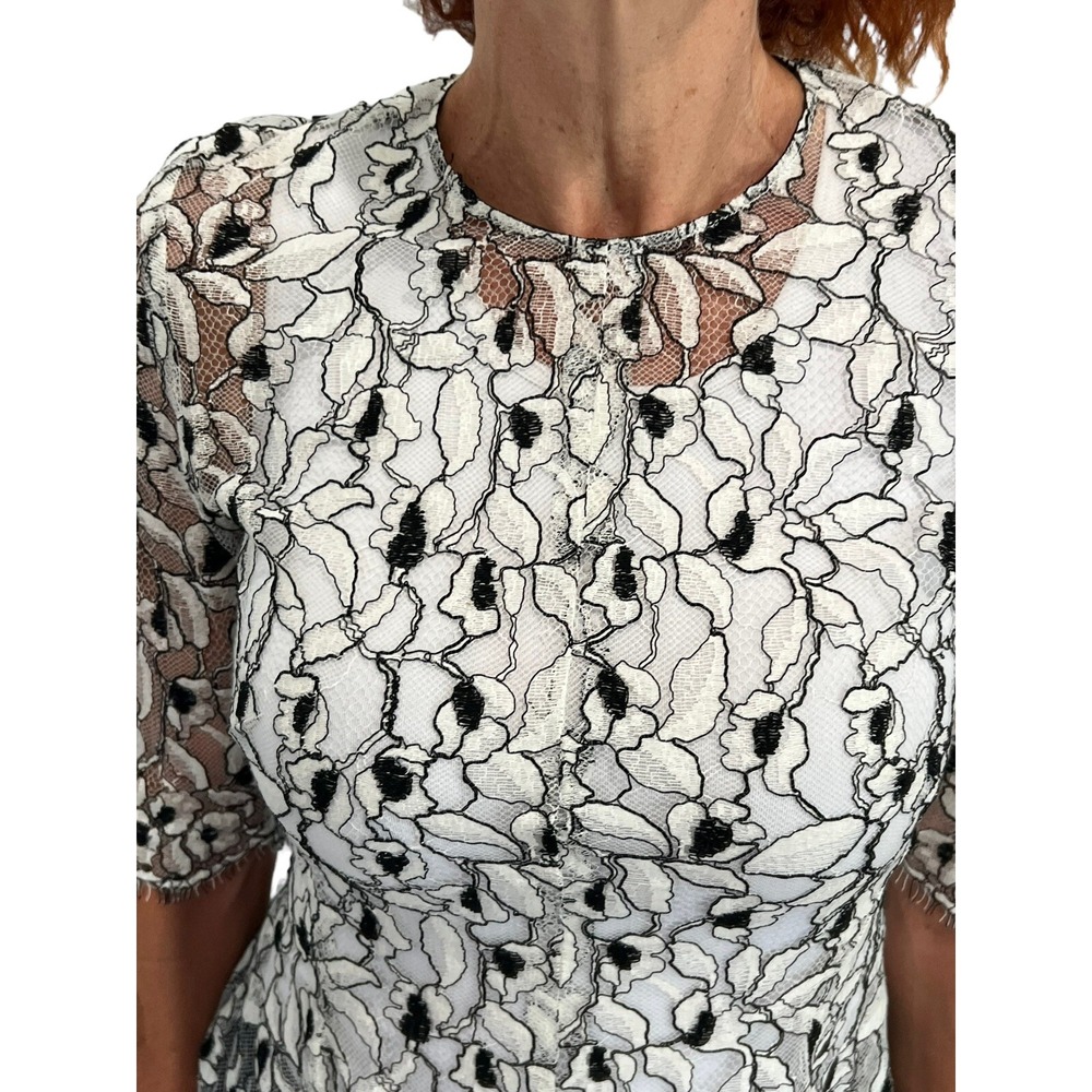 $1195 LELA ROSE LACE FLARE HEM Asymmetric Black Ivory guipure lace Flare TOP 6 - Picture 9 of 14